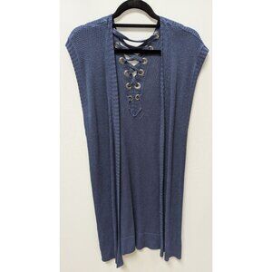 Chico's Dark Blue Knit-Back Open Front Duster Cardigan